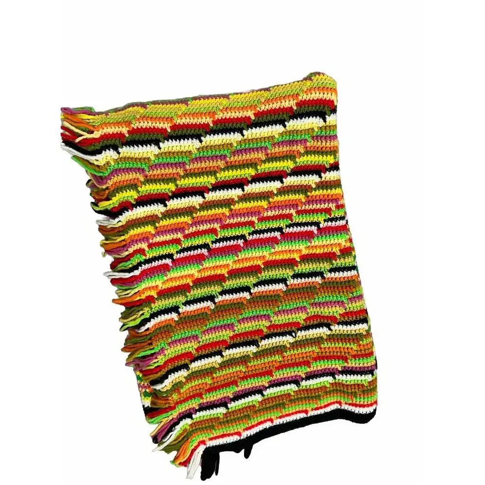 VINTAGE AFGHAN THROW BLANKET RUG 1970s RETRO MULTI-COLOR 62x44